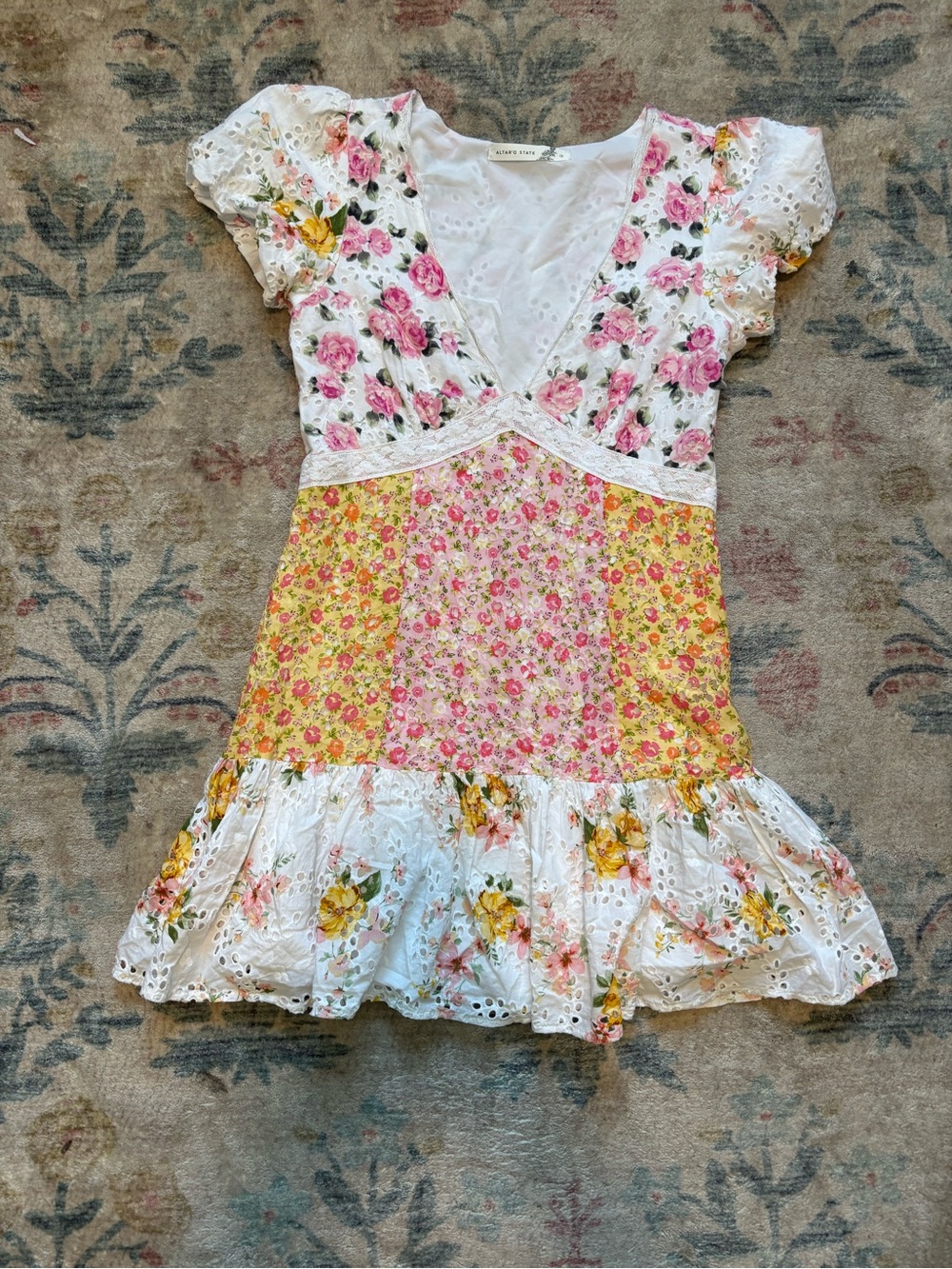 Altar'd State White Pink Yellow Floral Eyelet Mini Dress